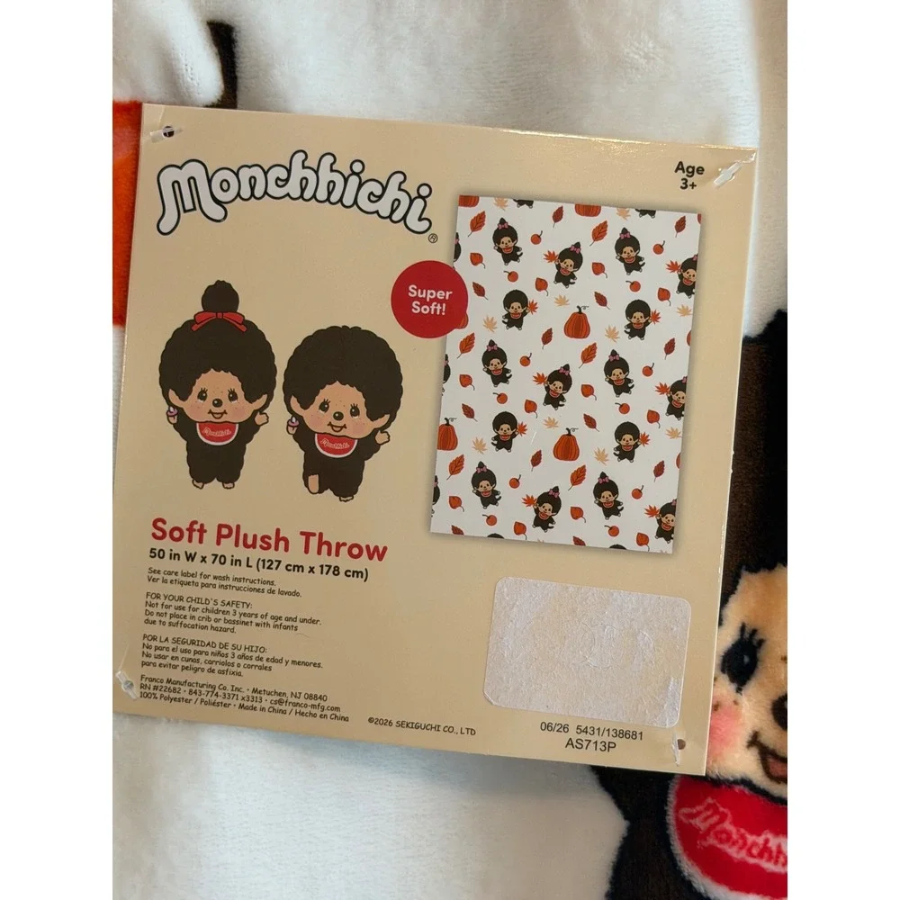 Monchhichi Soft Plush Throw Blanket Autumn Fall Leaves Pumpkins 50x70 New